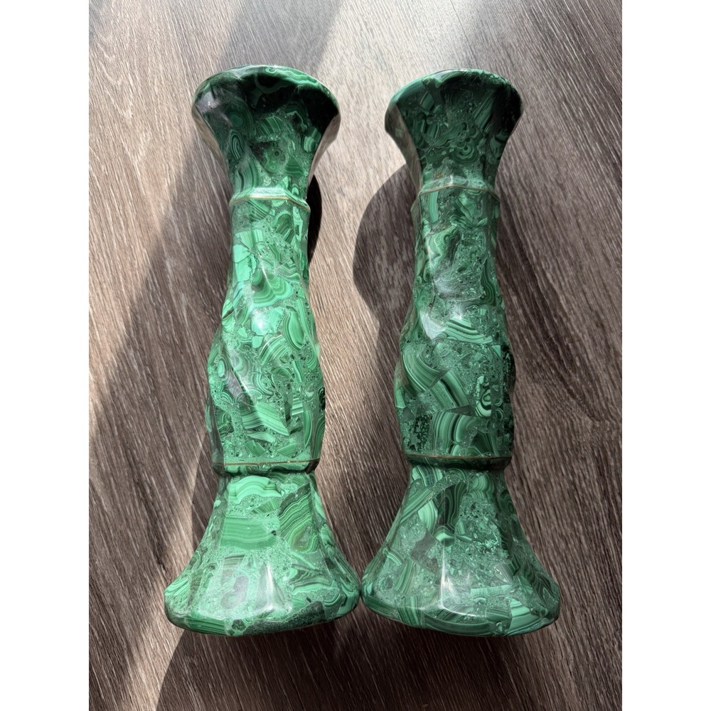 Pair Large Solid Malachite Candlesticks Polished Stone Candle Holders 10.5"